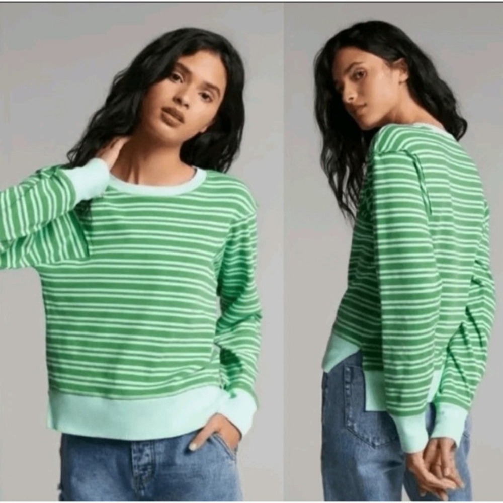 Maeve By Anthropologie Striped Crewneck Long Sleeve Top Green‎ Mint Size S